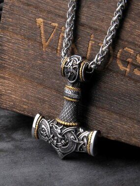 Viking Necklace Thors Hammer Norse-Inspired Two-Tone Pendant Braided Wheat Chain